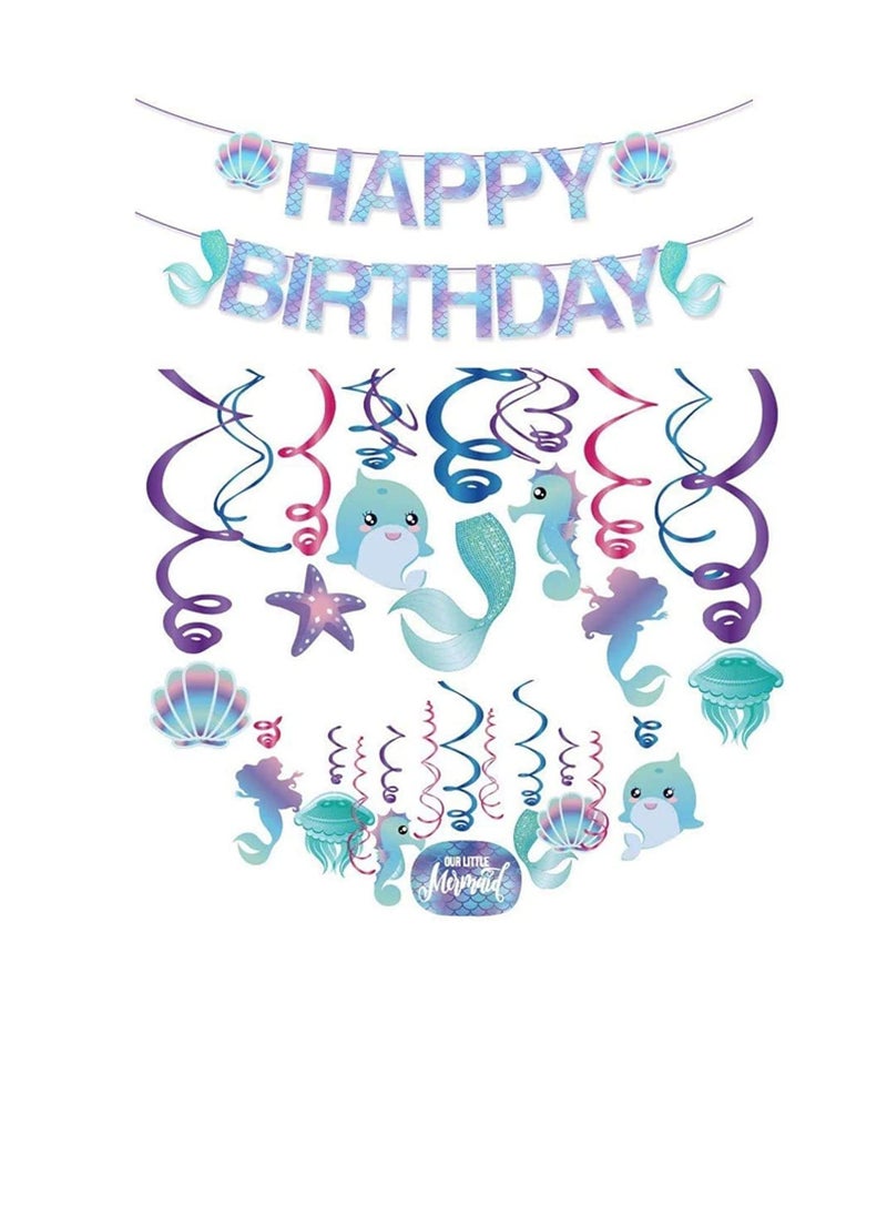 Happy Birthday Banner Mermaid Pre assembled, Mermaid Birthday Decoration for Girls, Mermaid Party Supplies for Mermaid  Under The Sea Animal Themed Birthday Party, Baby Shower