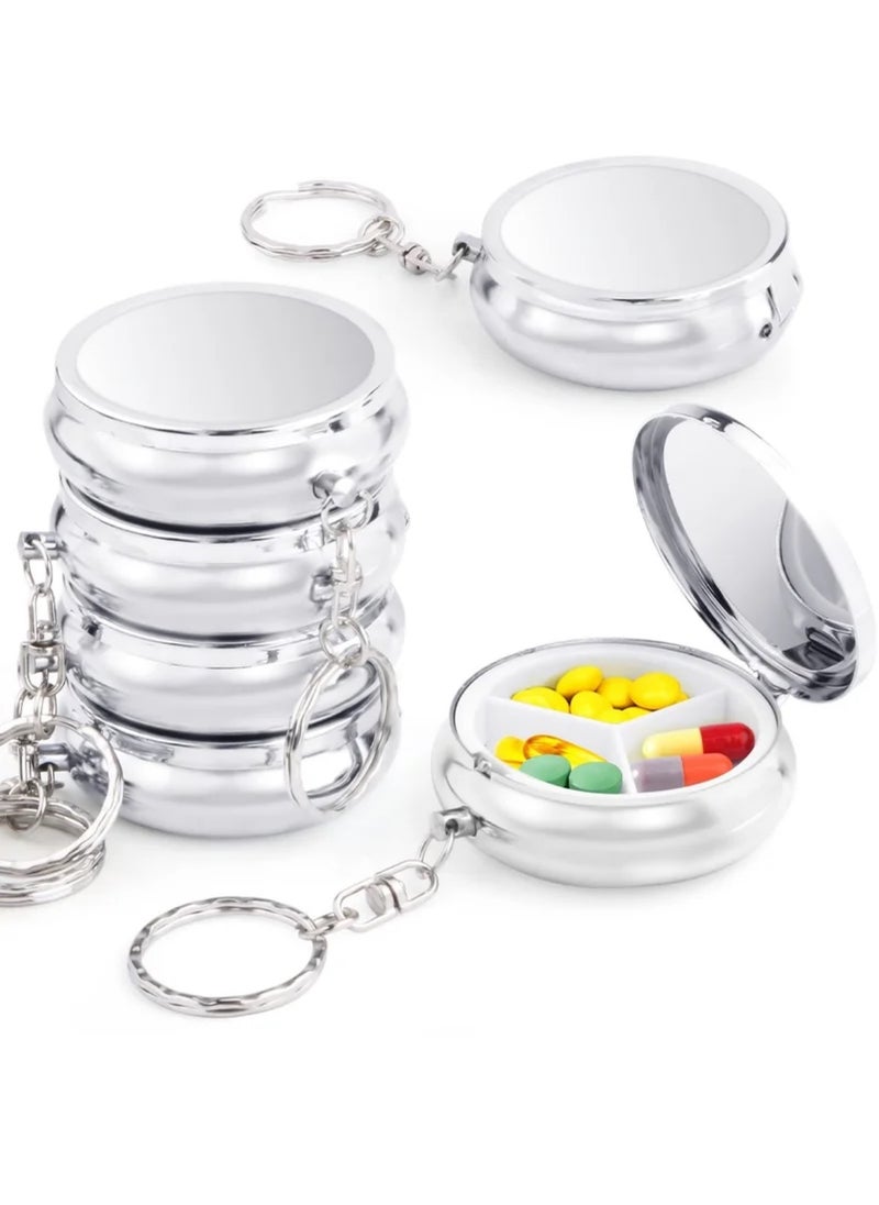 Mini Pill Case, 6pack Metal Pill Case Round Medicine Holder Container with Keychain, Protable Tablet Organizer Box with 3 Compartments for Medicine, Supplement, Vitamin, Fish Oils