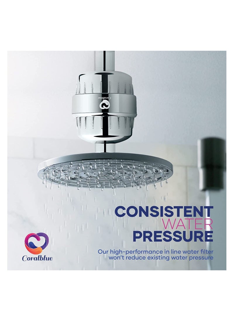 Coralblue 15 Stage Shower Filter with Dual Cartridge - Shower Head Filter -  Hard Water Filter Anti Hair Fall Ideal to Remove Chlorine and Heavy Metals from Water with Calcium Sulphite Beans