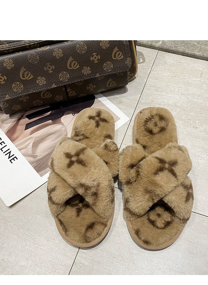 Cross Women's bedroom slippers in warm, soft, flat-bottomed imitation rabbit fur