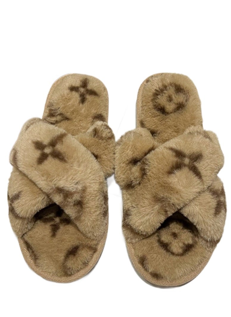 Cross Women's bedroom slippers in warm, soft, flat-bottomed imitation rabbit fur