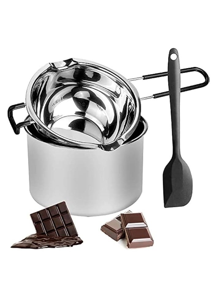 Double Boiler Pot Set 2 Packs Stainless Steel Melting Pot with Silicone Spatula for Melting Chocolate, Soap, Wax, Candle Making (600ml and 1600ml)