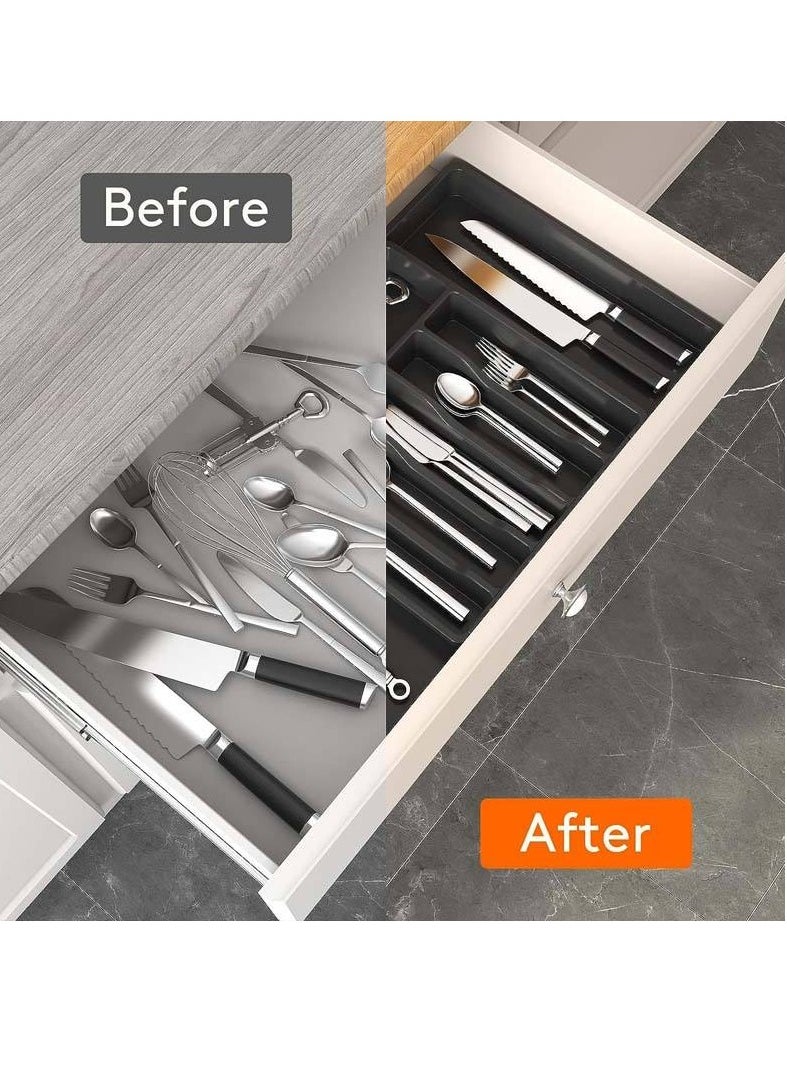 Expandable Cutlery Drawer Organizer, Plastic Silverware Tray for Kitchen, Adjustable Flatware with 8 Compartments, Non-Slip Utensil for Knives Spoons Forks, Fits Most Drawers, Grey