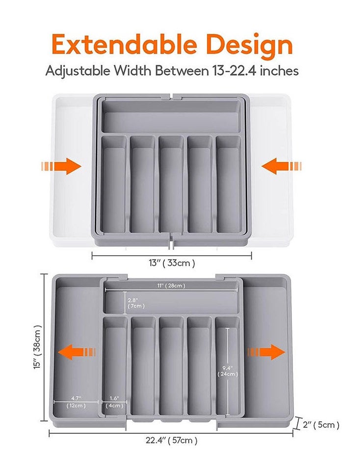 Expandable Cutlery Drawer Organizer, Plastic Silverware Tray for Kitchen, Adjustable Flatware with 8 Compartments, Non-Slip Utensil for Knives Spoons Forks, Fits Most Drawers, Grey