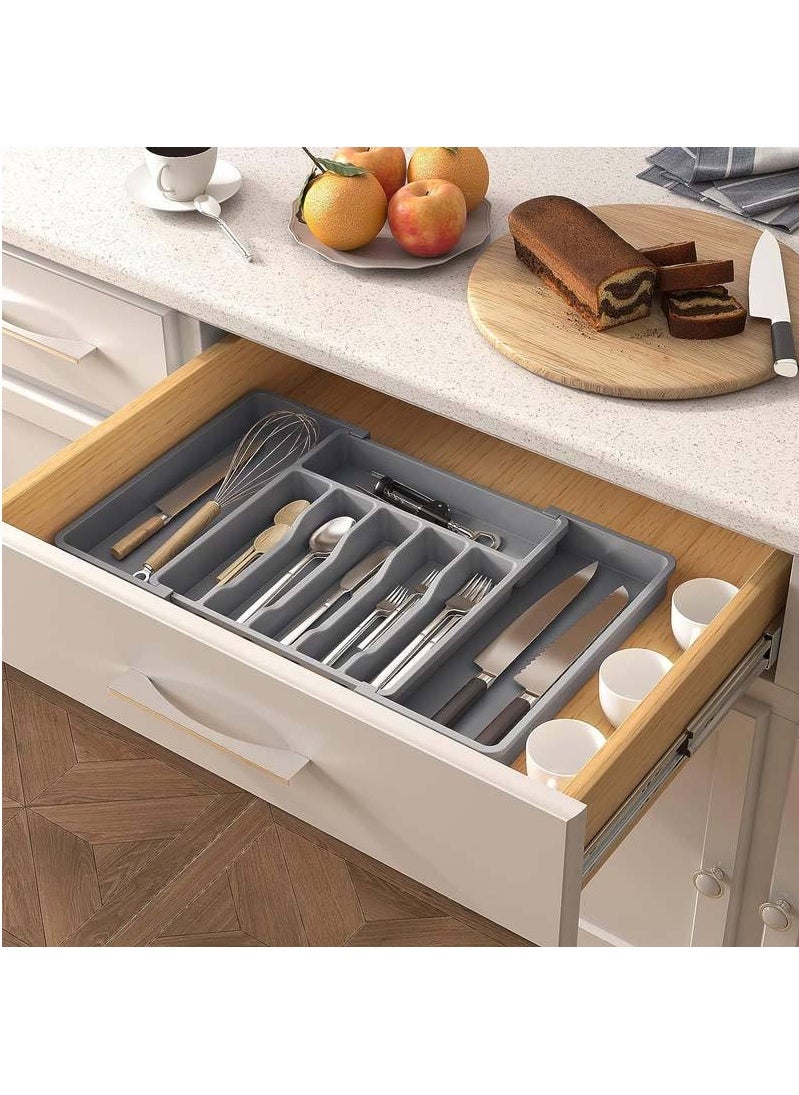 Expandable Cutlery Drawer Organizer, Plastic Silverware Tray for Kitchen, Adjustable Flatware with 8 Compartments, Non-Slip Utensil for Knives Spoons Forks, Fits Most Drawers, Grey