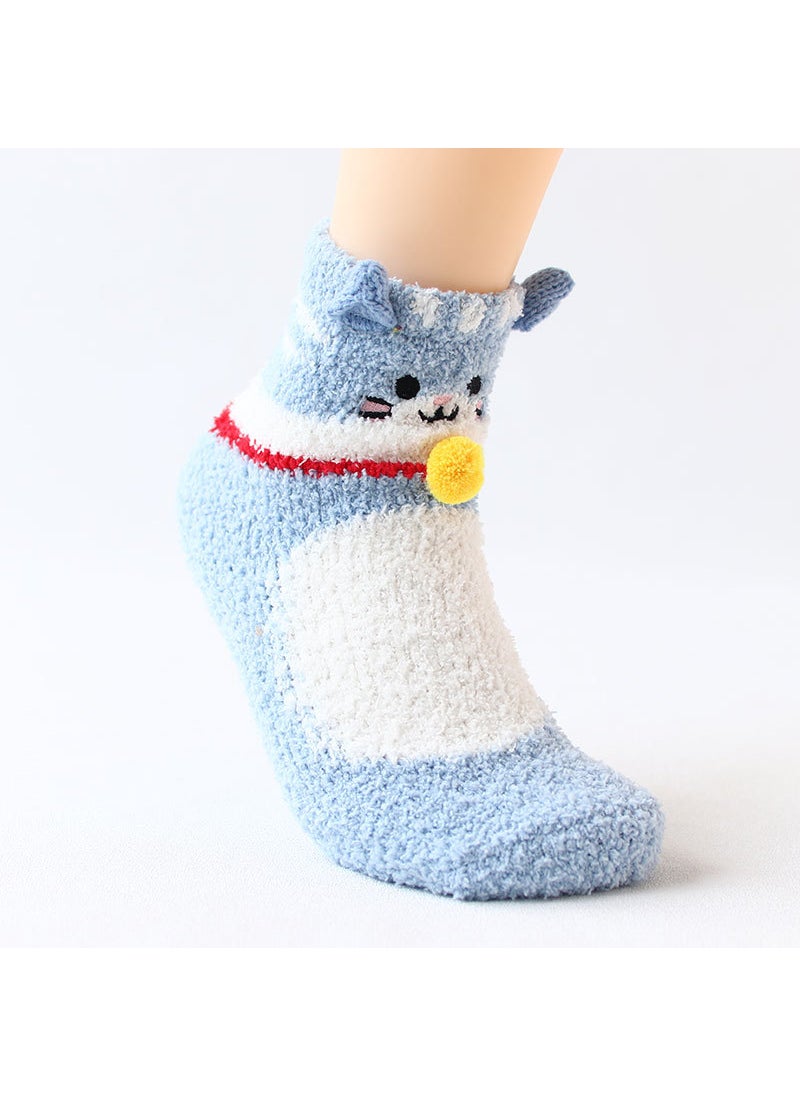 Coral Fleece Socks Women Knit Cartoon Sleepwear02 Blue 02 Blue