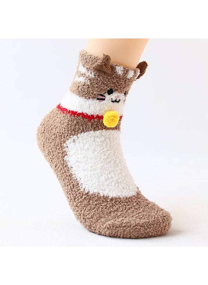 Coral Fleece Socks Women Knit Cartoon Sleepwear06 Khaki 06 Khaki