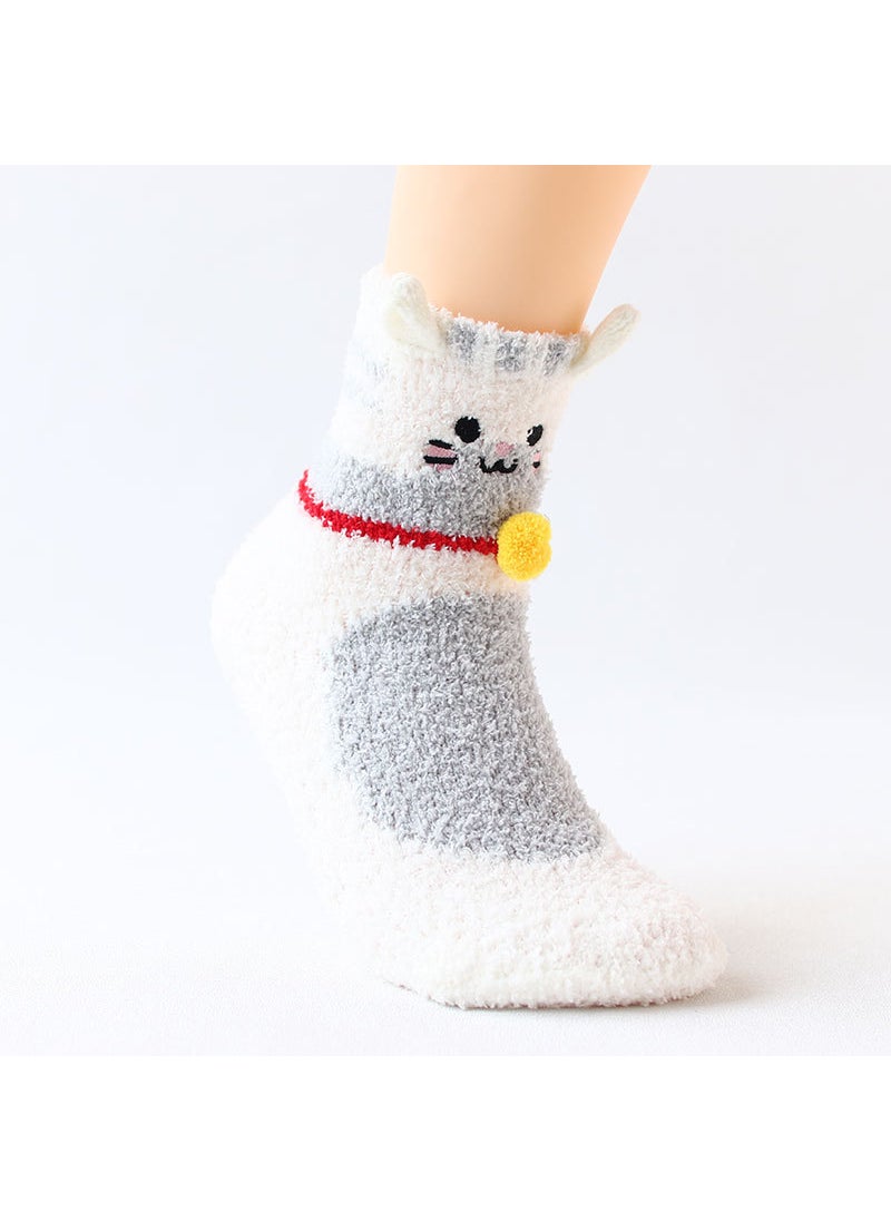 Coral Fleece Socks Women Knit Cartoon Sleepwear03 White 03 White