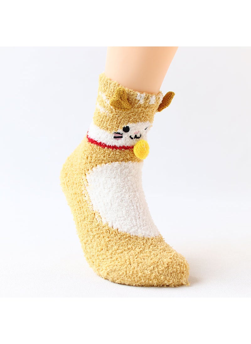 Coral Fleece Socks Women Knit Cartoon Sleepwear04 Yellow 04 Yellow