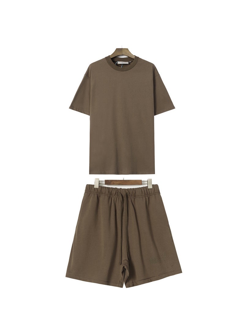 ESSENTIALS Fleece Lettering Sports Mens Shorts Set Brown