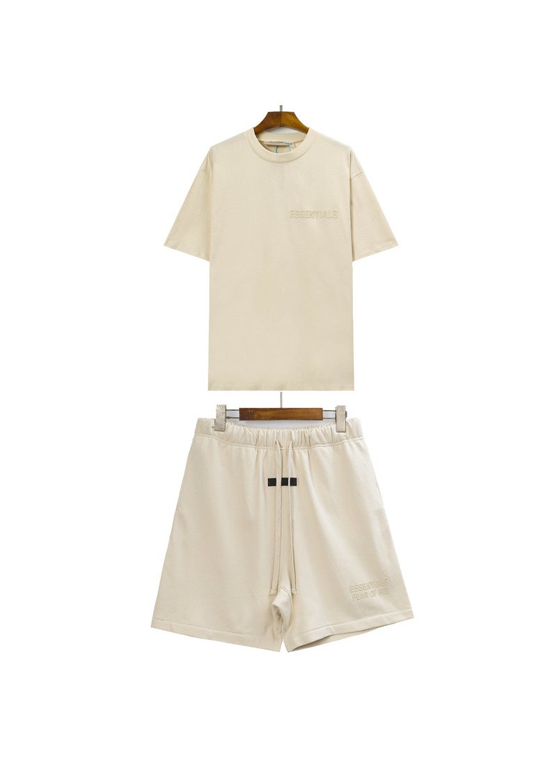 ESSENTIALS Fleece Lettering Sports Mens Shorts Set Milky White