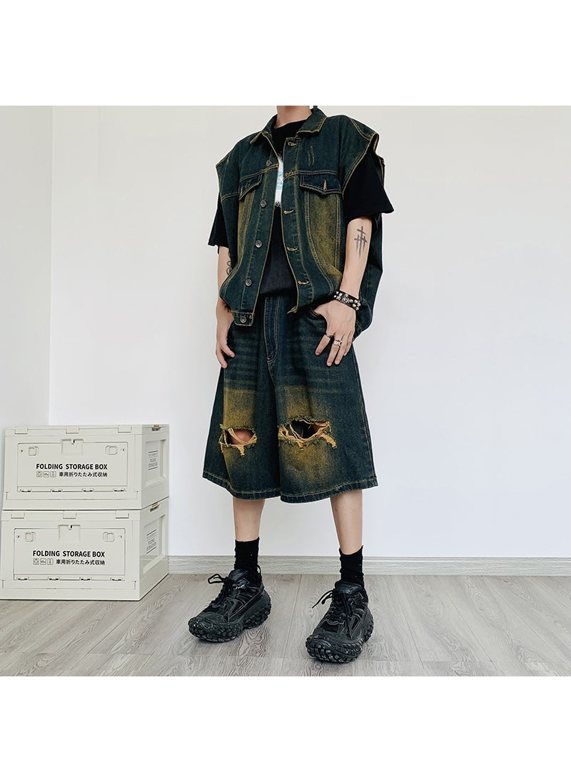 Summer Denim Vest Shorts Set Casual Korean Men Dark Blue