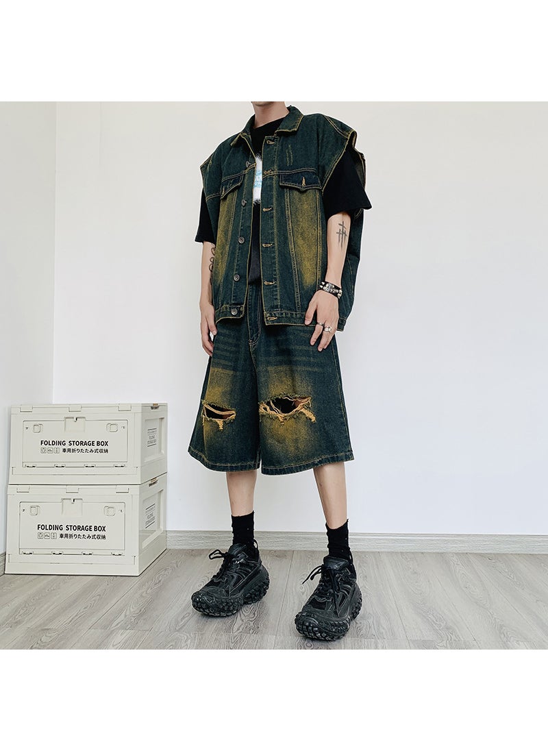 Summer Denim Vest Shorts Set Casual Korean Men Dark Blue
