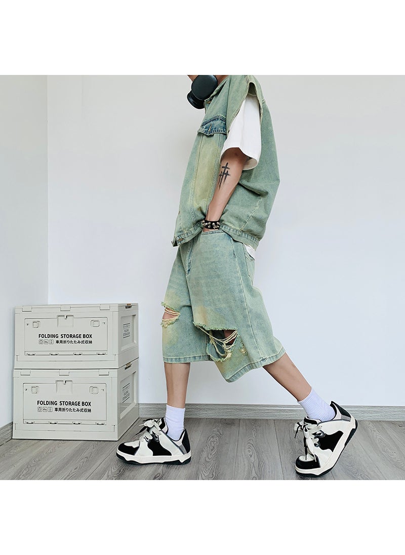 Summer Denim Vest Shorts Set Casual Korean Men Dark Blue