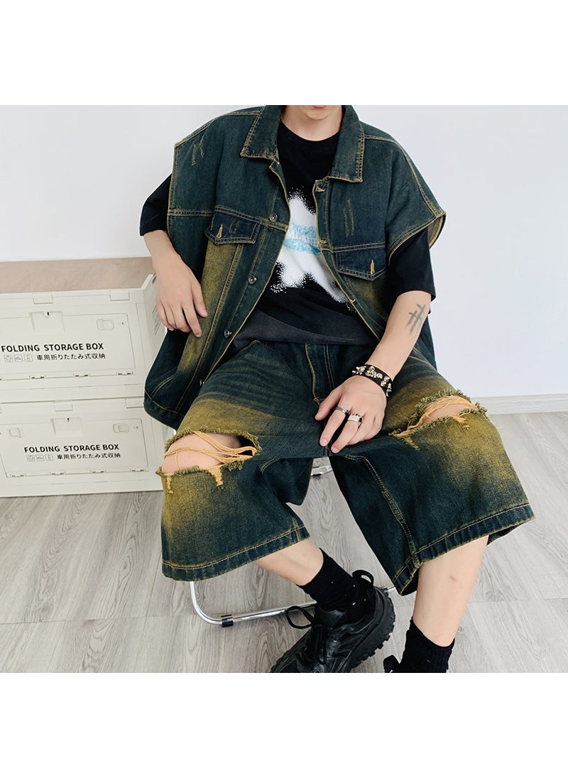 Summer Denim Vest Shorts Set Casual Korean Men Dark Blue