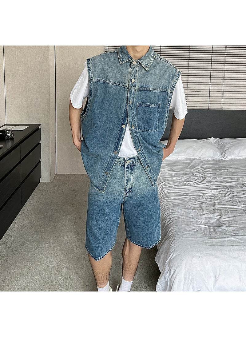 Summer Chic Denim Vest Outfit for Men Blue