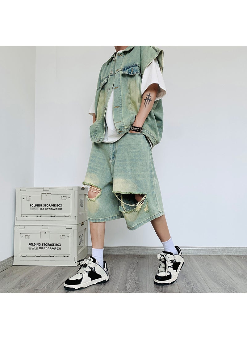 Summer Denim Vest Shorts Set Casual Korean Men Light Blue