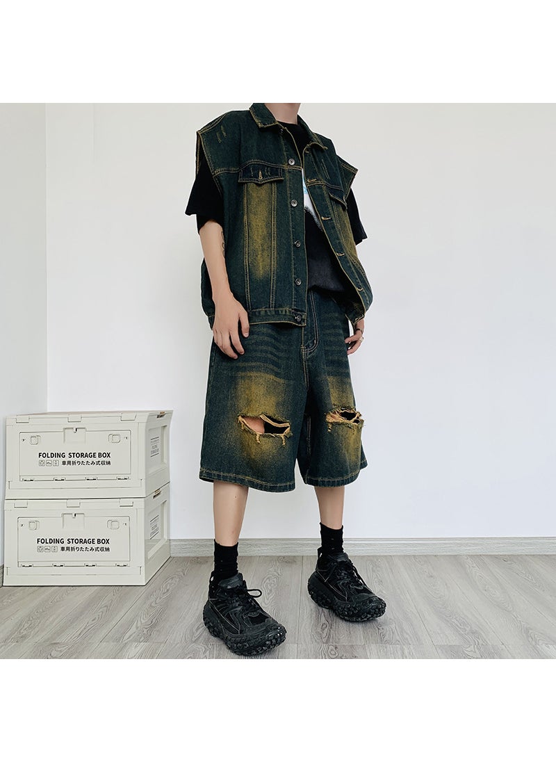 Summer Denim Vest Shorts Set Casual Korean Men Light Blue