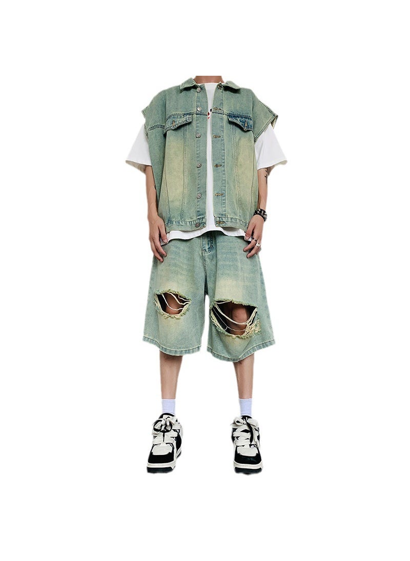 Summer Denim Vest Shorts Set Casual Korean Men Light Blue