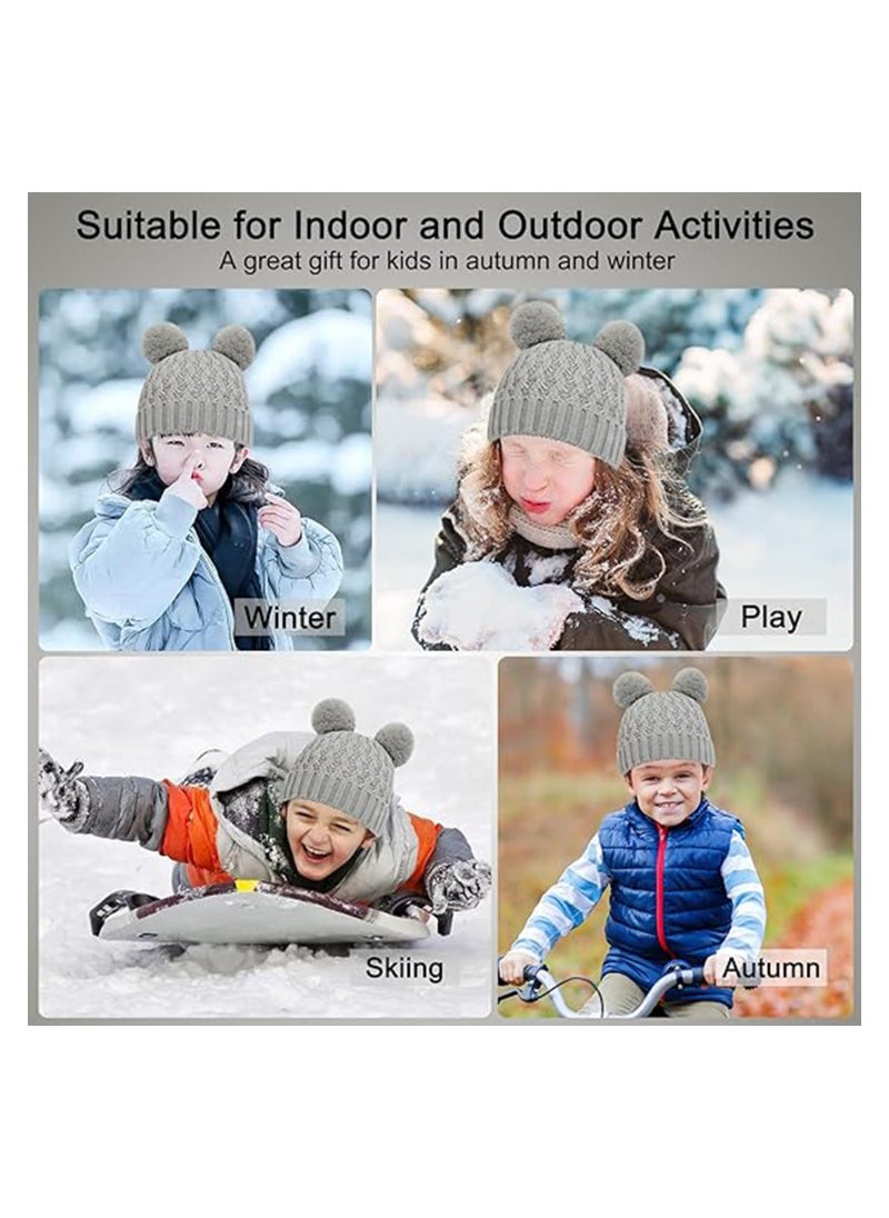 Kids Winter Beanie Hat Scarf and Touchscreen Gloves Set, Fleece Lining Beanie Hat Knit Gloves Neck Warmer for Children 2-8, Grey