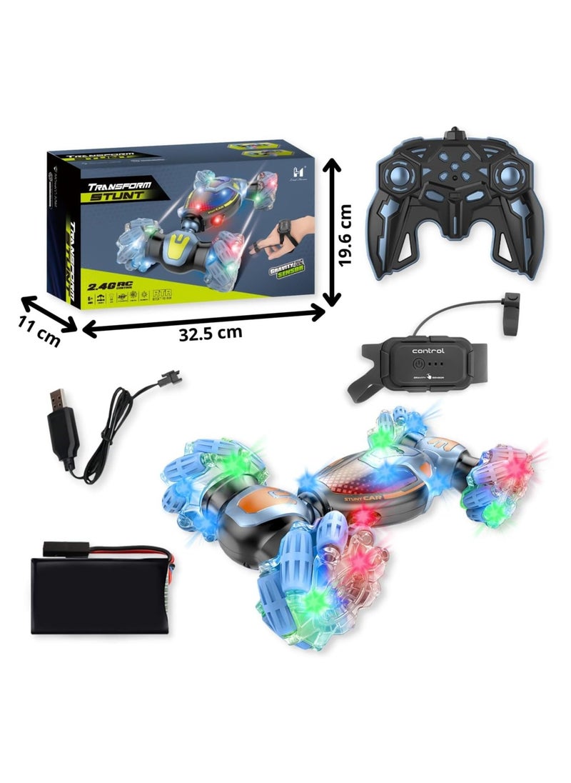 Transforming Remote Control Car with 2 Positions, Auto Demo, Side Rotation, and Gesture Control RC Car Blue