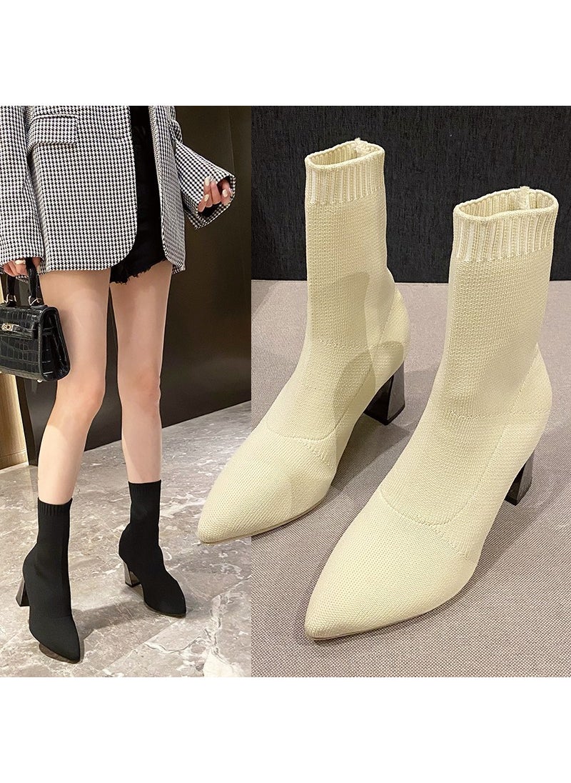 New Korean Autumn Winter Ankle Boots with Chunky HeelsBeige White Beige White