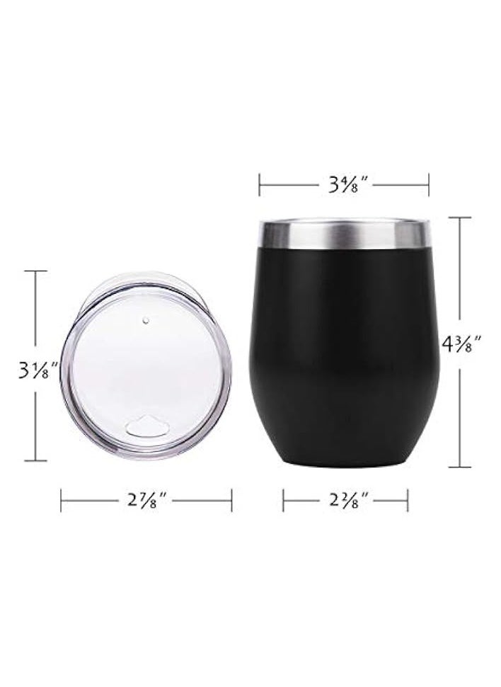 Insulated Wine Tumbler with Lid, Stemless Stainless Steel Insulated Wine Glass 12oz, Black Matt Finish-Double Wall Durable Coffee Mug, for Champaign