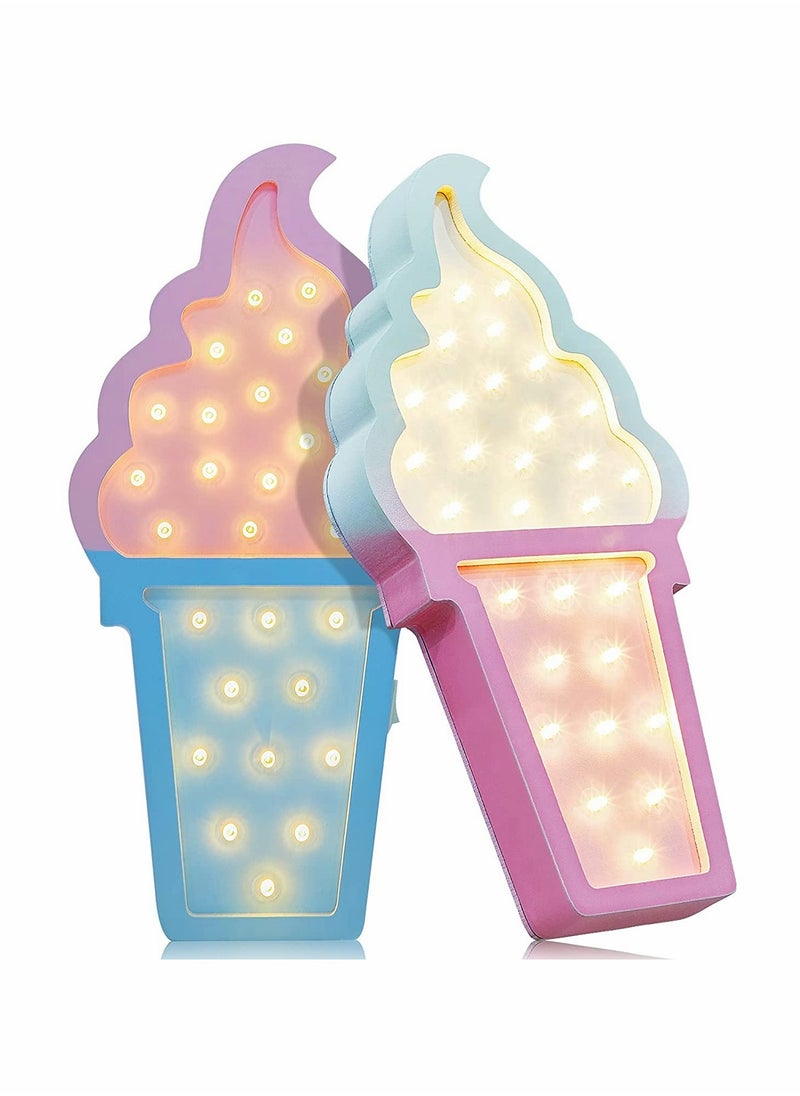 2 Pcs Ice Cream Light Valen tine Romance Atmosphere Wooden Ice Cream LED Night Light Ice Cream Theme Valen tine Romance Lamps Battery Operated LED Night Lights for Birthday Party Decor Blue Pink