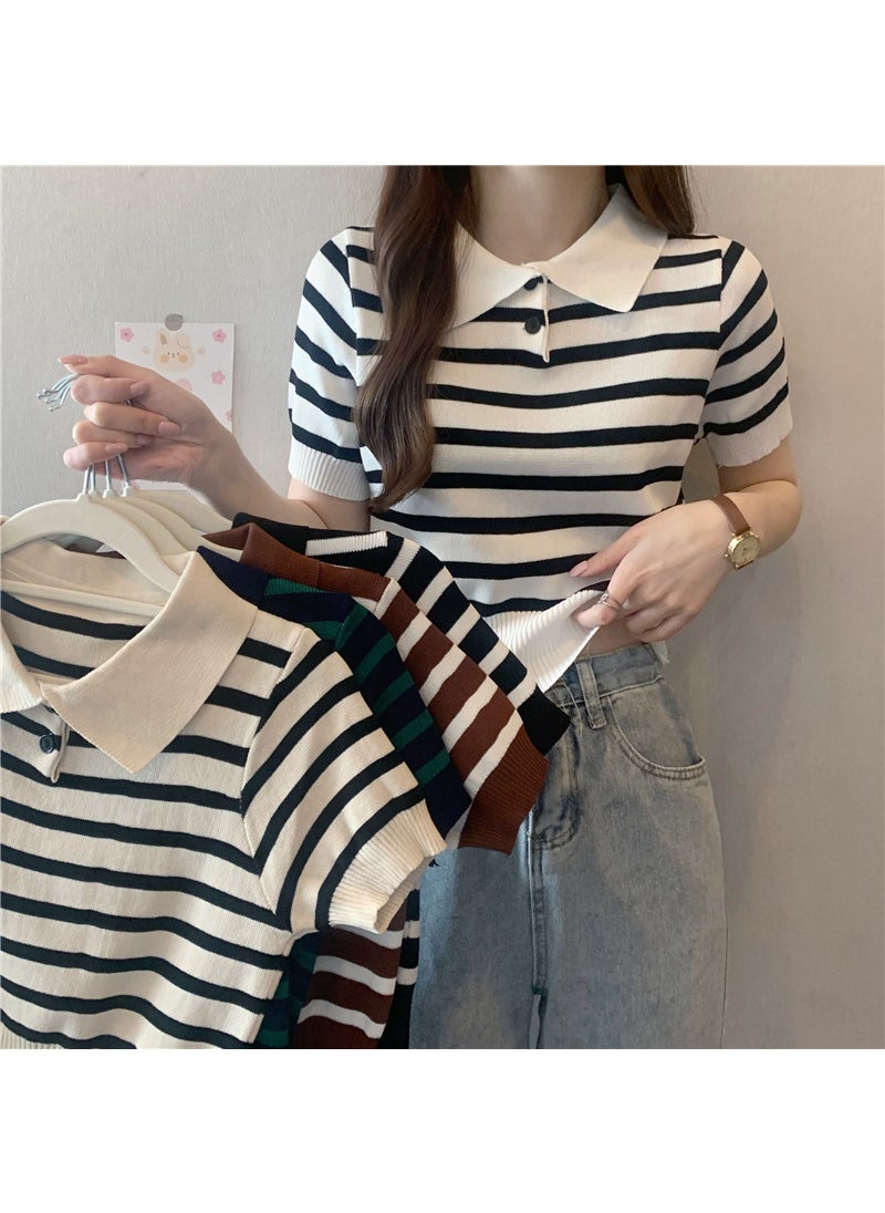 2024 Summer Slim Stripe Retro Womens Short Sleeve Polo Khaki stripes