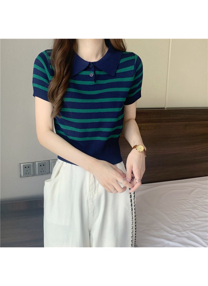 2024 Summer Slim Stripe Retro Womens Short Sleeve Polo Khaki stripes