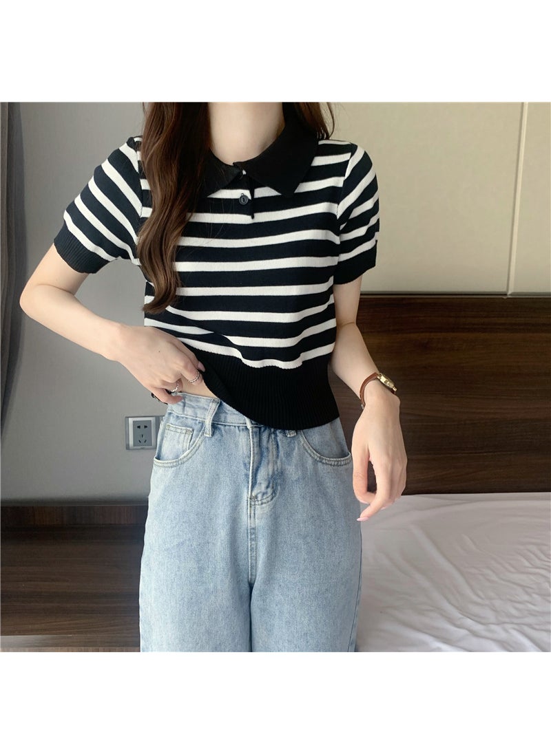 2024 Summer Slim Stripe Retro Womens Short Sleeve Polo Apricot stripes