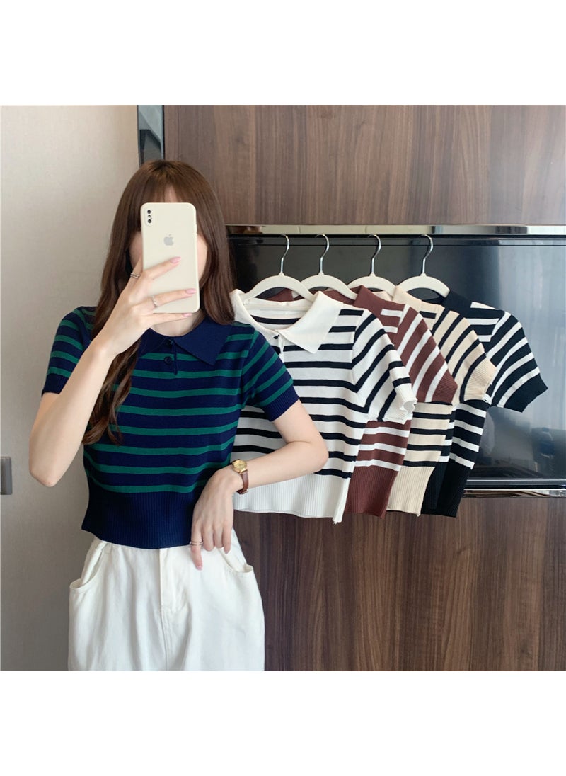 2024 Summer Slim Stripe Retro Womens Short Sleeve Polo Apricot stripes