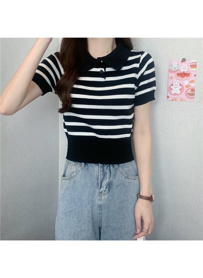 2024 Summer Slim Stripe Retro Womens Short Sleeve Polo Apricot stripes