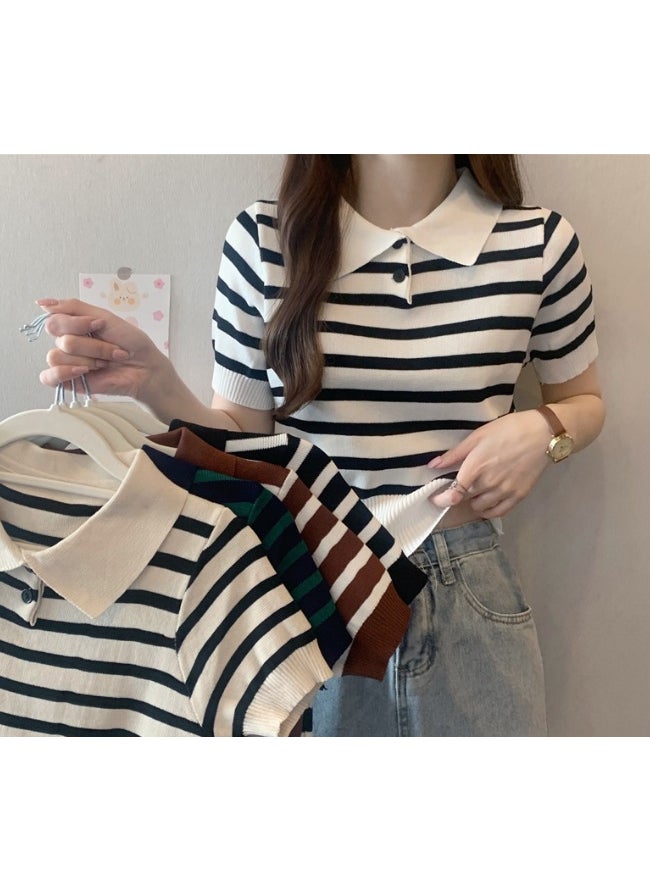 2024 Summer Slim Stripe Retro Womens Short Sleeve Polo Black stripes