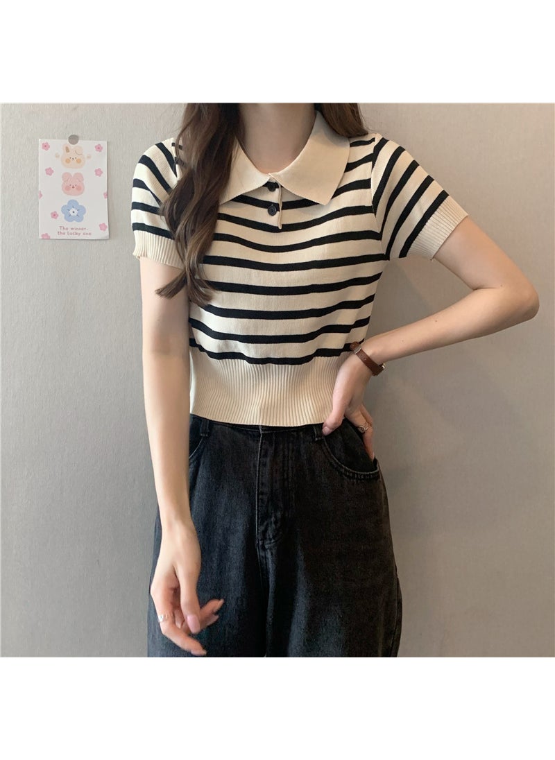 2024 Summer Slim Stripe Retro Womens Short Sleeve Polo Black stripes