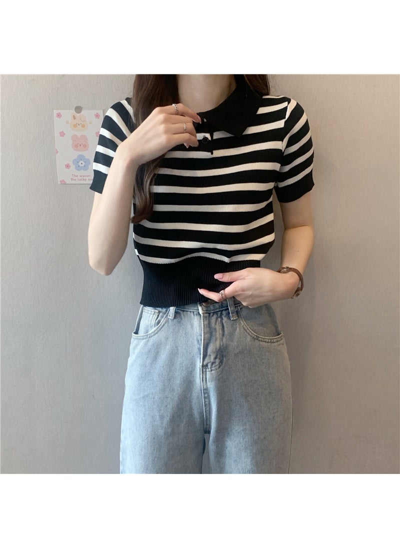 2024 Summer Slim Stripe Retro Womens Short Sleeve Polo Black stripes