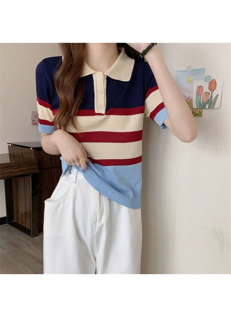 Summer Contrast Stripe Polo Womens Knit Tee Blue