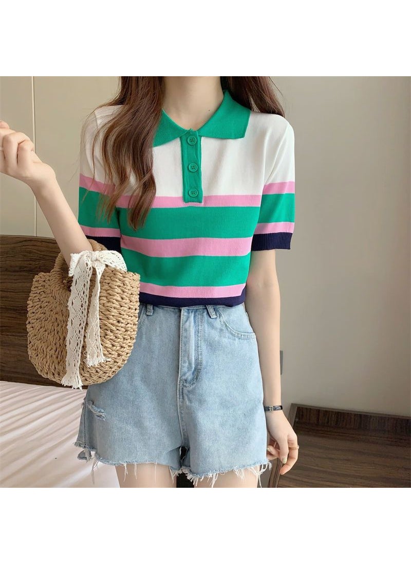 Summer Contrast Stripe Polo Womens Knit Tee Pink