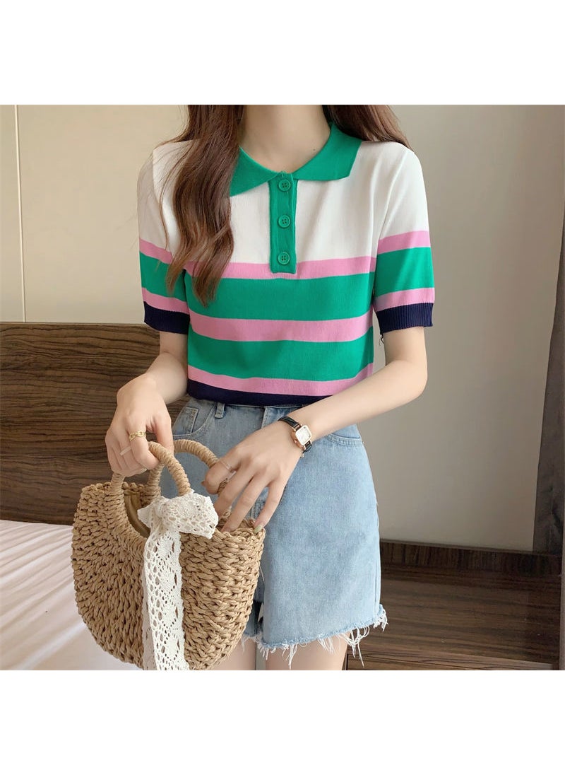 Summer Contrast Stripe Polo Womens Knit Tee Pink