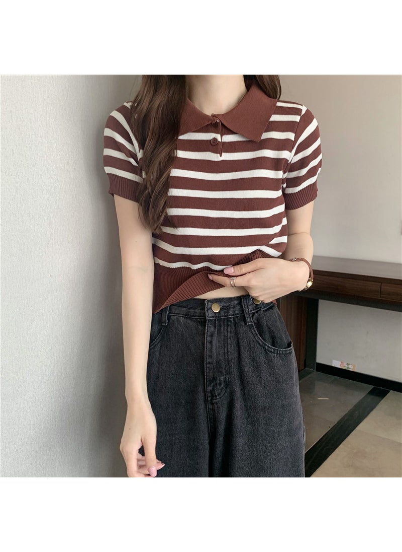 2024 Summer Slim Stripe Retro Womens Short Sleeve Polo Blue stripes