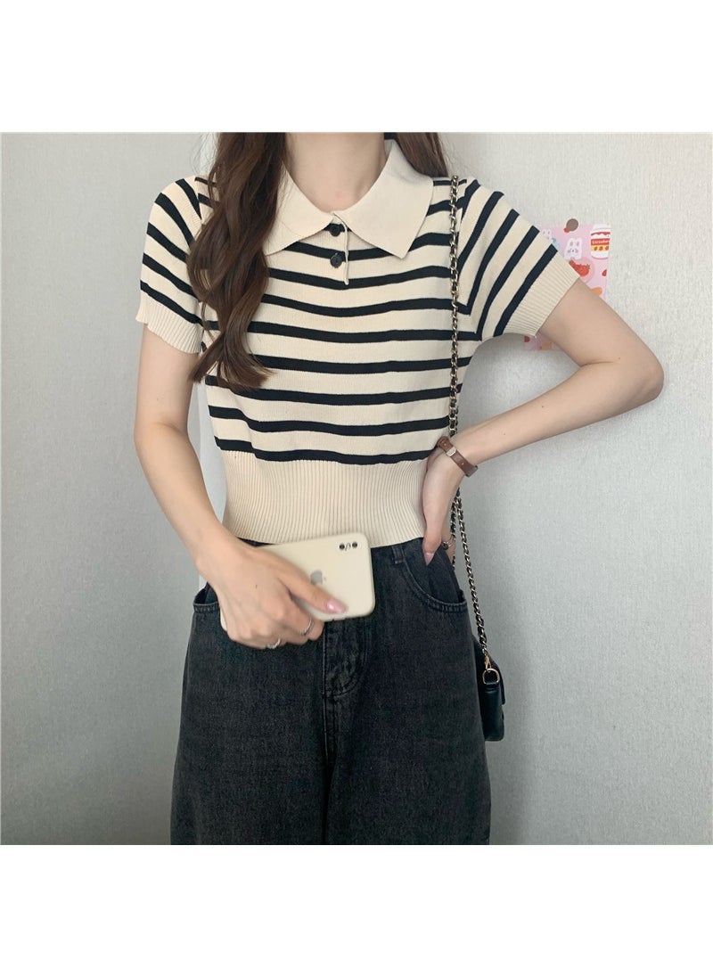 2024 Summer Slim Stripe Retro Womens Short Sleeve Polo Blue stripes