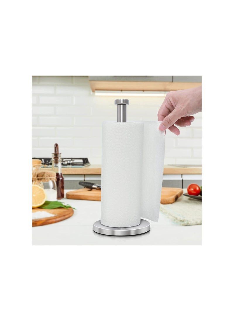 Stainless Steel Paper Towel Holder Countertop, Standing Paper Towels Holder for Kitchen Dining Table Bathroom, Weighted Paper Towel Holder for Standard or Large-Sized Roll (Silver)