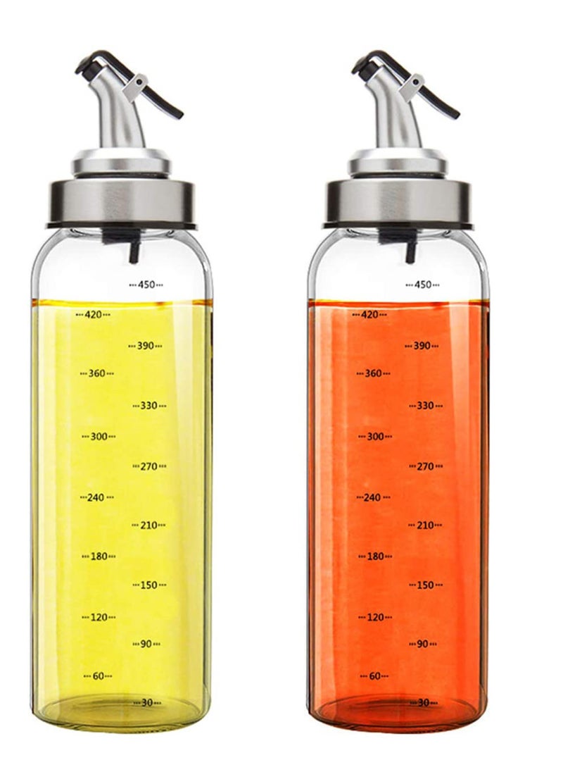 2 Pack Olive Oil Dispenser Bottle, 500ml Vinegar Dispensing Cruets With Dripless Capped Spout, No Drip, Liquid Condiment Container, Glass Decanter for Kitchen  BBQ with Degree Scale