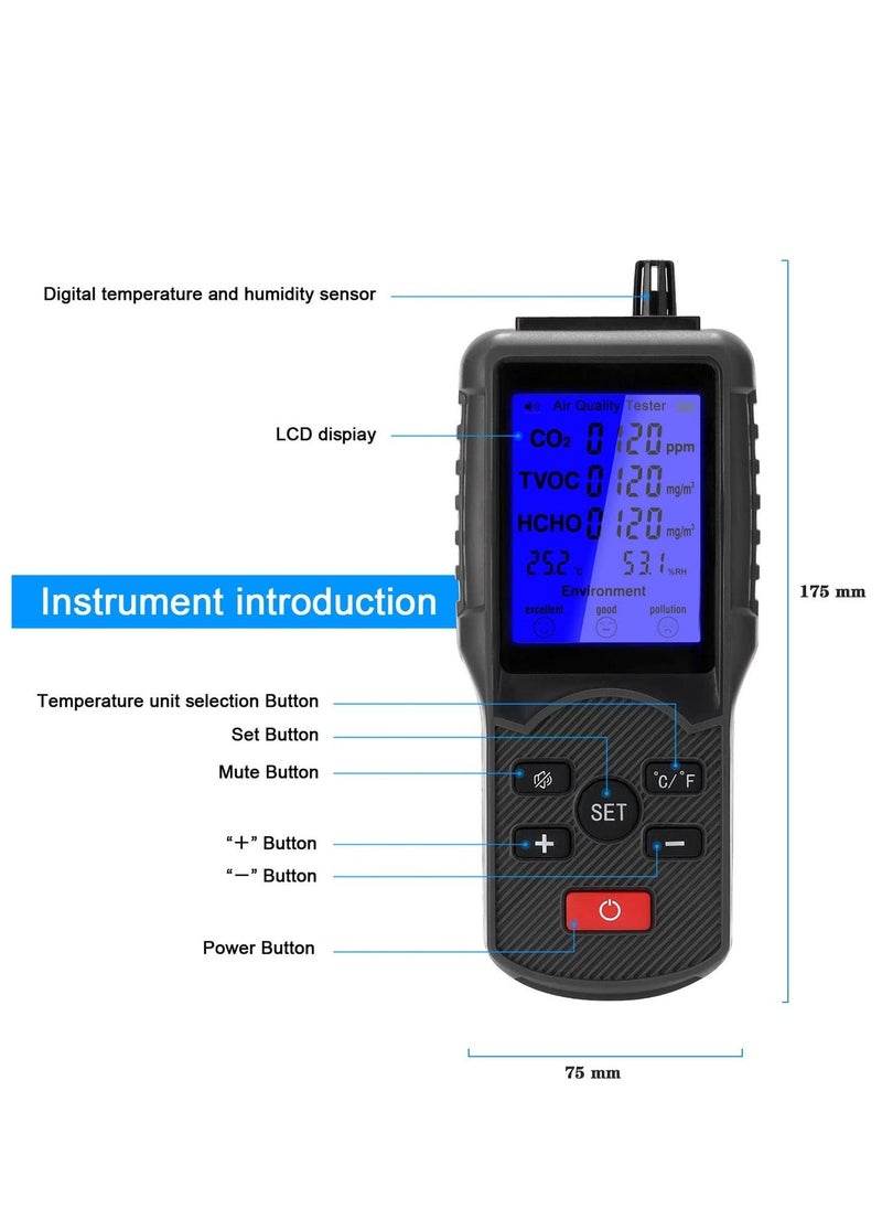 Air Quality Monitor, Accurate Tester for CO2, HCHO, TVOC, Formaldehyde Detector, Temperature and Humidity Meter Sensor, Tester Real Time Air Data Recording for Home, Office, Outdoor