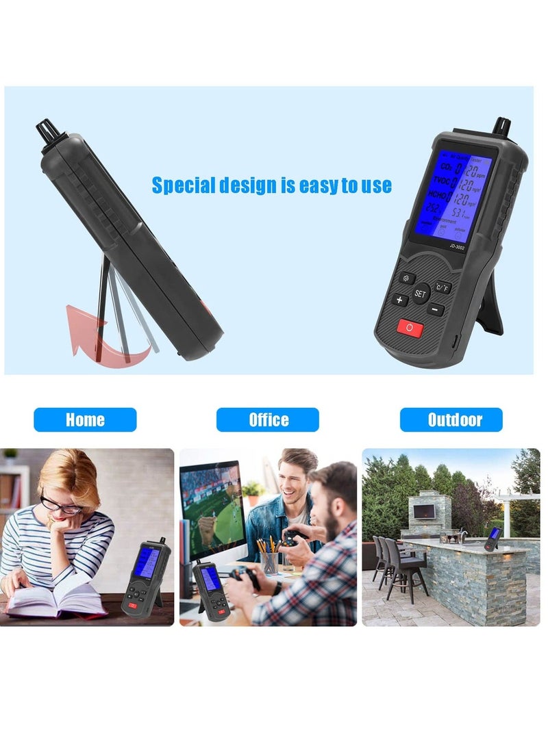 Air Quality Monitor, Accurate Tester for CO2, HCHO, TVOC, Formaldehyde Detector, Temperature and Humidity Meter Sensor, Tester Real Time Air Data Recording for Home, Office, Outdoor