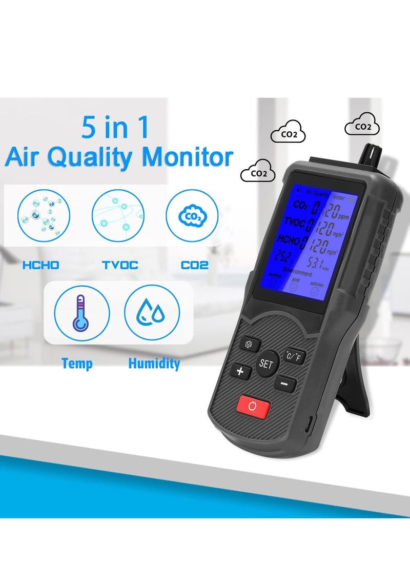 Air Quality Monitor, Accurate Tester for CO2, HCHO, TVOC, Formaldehyde Detector, Temperature and Humidity Meter Sensor, Tester Real Time Air Data Recording for Home, Office, Outdoor