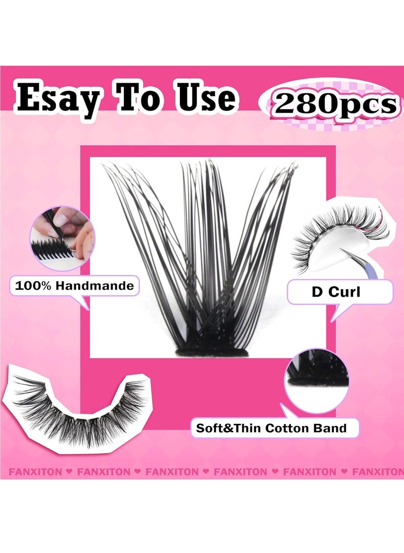 FANXITON DIY Lash Extension Kit Volume Lash Clusters 40D+50D D Curl Individual Lashes Lash Clusters Kit Thick Eyelash Extension Kit 280 pcs Thin Band Cluster Lashes Lash Bond and Seal Lash Tweezers