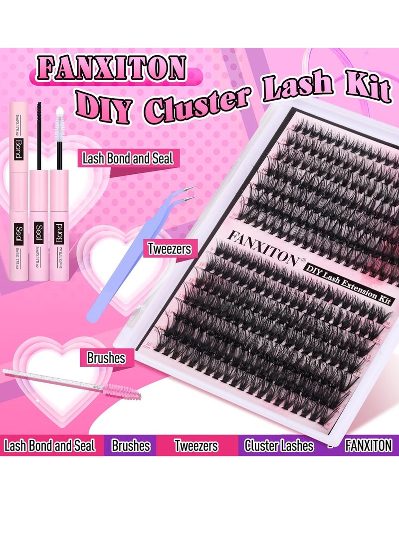 FANXITON DIY Lash Extension Kit Volume Lash Clusters 40D+50D D Curl Individual Lashes Lash Clusters Kit Thick Eyelash Extension Kit 280 pcs Thin Band Cluster Lashes Lash Bond and Seal Lash Tweezers