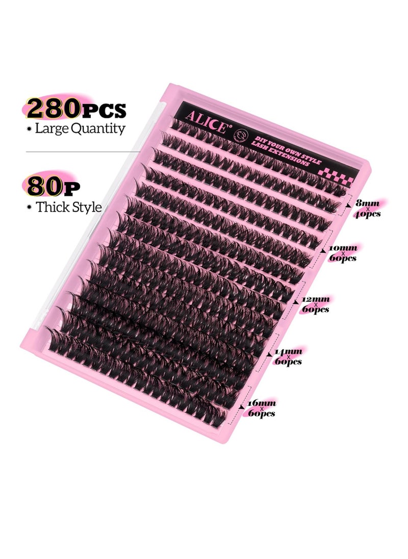 280Pcs Wispy Individual Lashes DIY Eyelash Extensions 8-16MM Fluffy D Curl Lash Extensions Lash Clusters 80D Cluster Eyelashes DIY at Home by ALICE