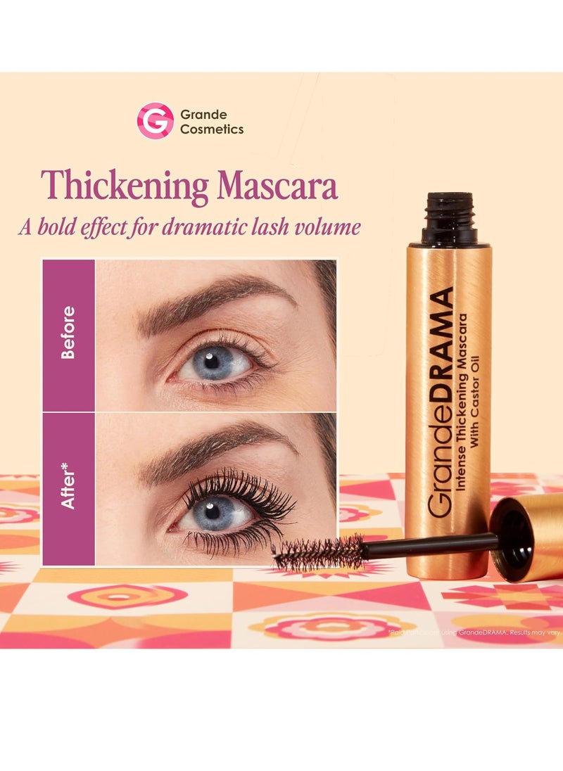 Grande Cosmetics GrandeDRAMA Intense Thickening Mascara with Castor Oil, Volumizing, Conditioning, Buildable Formula